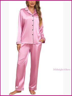 Satin Silk Pajama Set Long Sleeve Button Down Top and Pants Lounge Sleepwear